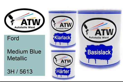 Ford, Medium Blue Metallic, 3H / 5613: 1L Lackdose + 1L Klarlack + 500ml Härter - Set, von ATW Autoteile West.